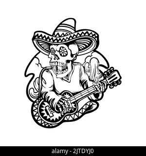 Cinco de Mayo Schädel spielen Gitarre Charakter Vektor-Illustrationen für Ihre Arbeit Logo, Maskottchen Merchandise T-Shirt, Aufkleber und Label-Designs, Poster, Stockfoto