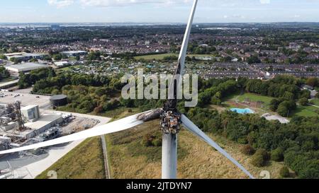 Luftaufnahme des Brandschadens von Windenergieanlagen, Cargill, Oak Road, Kingston upon Hull Stockfoto