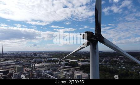 Luftaufnahme des Brandschadens von Windenergieanlagen, Cargill, Oak Road, Kingston upon Hull Stockfoto