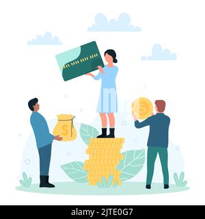 Finanzielle Transaktion auf Bankkonto oder elektronische Brieftasche, Zahlung von winzigen Menschen. Cartoon-Frau, die auf Goldmünzen Stapel steht, hält Kreditkarte flache Vektor-Illustration. Budget, Gehaltskonzept Stock Vektor