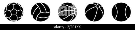 Kugelsymbole. Satz von verschiedenen Kugeln. Sportsymbole. Schwarze Vektorgrafik. Stock Vektor
