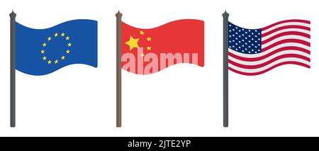 Flagge der Europäischen Union, Chinas und der USA. Satz von farbigen Vektorgrafiken. Symbole der Staaten. Politische Themen. Flacher Style. Nationales Zeichen. Stock Vektor