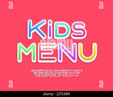 Helles Banner Kindermenü mit Sticker-Schrift. Mehrfarbige Buchstaben und Zahlen für Alphabete gesetzt Stock Vektor