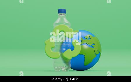 Erdkugel mit leeren Plastikflaschen und Recycling-Symbol. Globales Konzept der Kunststoffverschmutzung. 3D Rendering Stockfoto