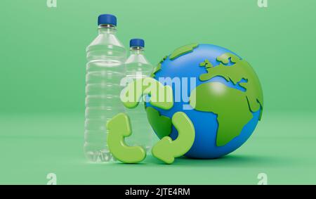 Erdkugel mit leeren Plastikflaschen und Recycling-Symbol. Globales Konzept der Kunststoffverschmutzung. 3D Rendering Stockfoto