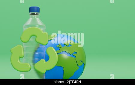 Erdkugel mit leeren Plastikflaschen und Recycling-Symbol. Globales Konzept der Kunststoffverschmutzung. 3D Rendering Stockfoto