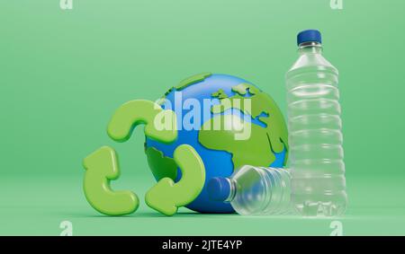 Erdkugel mit leeren Plastikflaschen und Recycling-Symbol. Globales Konzept der Kunststoffverschmutzung. 3D Rendering Stockfoto