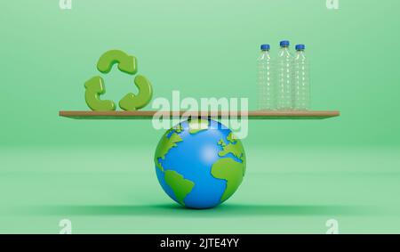 Erdkugel mit leeren Plastikflaschen und Recycling-Symbol. Globales Konzept der Kunststoffverschmutzung. 3D Rendering Stockfoto