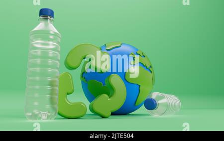 Erdkugel mit leeren Plastikflaschen und Recycling-Symbol. Globales Konzept der Kunststoffverschmutzung. 3D Rendering Stockfoto