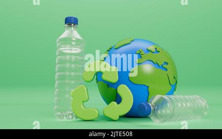 Erdkugel mit leeren Plastikflaschen und Recycling-Symbol. Globales Konzept der Kunststoffverschmutzung. 3D Rendering Stockfoto