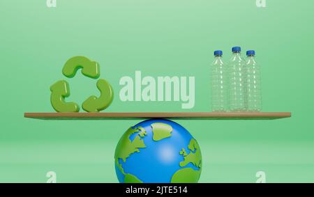 Erdkugel mit leeren Plastikflaschen und Recycling-Symbol. Globales Konzept der Kunststoffverschmutzung. 3D Rendering Stockfoto