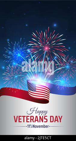 Banner zum Tag der glücklichen Veteranen. US-Nationalfeiertag november 11. Veterans Day 11.. November. Amerikanische Flagge auf blauem Himmel Hintergrund, Feuerwerk. Typografie de Stock Vektor