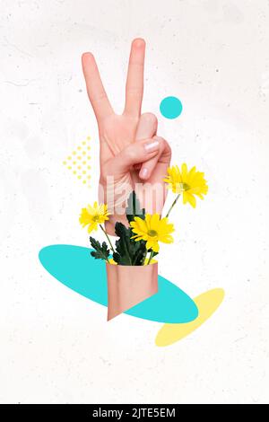 Vertikale Collage Illustration von menschlichen Handfingern zeigen V-Zeichen wachsende gelbe Blumen isoliert auf kreativen Hintergrund Stockfoto