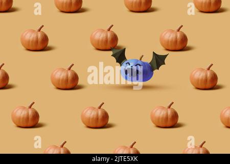 Muster, Halloween Kürbisse, gesichtslos und mit einem bösen Gesicht und Fledermausflügeln. Minimalistisches Design der orangenen Halloween-Feiertagskulisse Stockfoto