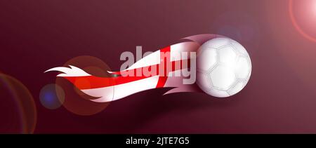 Eine Illustration eines Fußballs mit einer wellenförmigen Flagge Englands auf einem burgunderroten Hintergrund Stockfoto