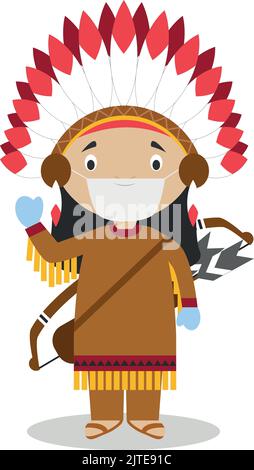Charakter aus den Vereinigten Staaten, gekleidet in die traditionelle Art der amerikanischen Indianer und mit OP-Maske und Latexhandschuhen als Schutz vor einem HE Stock Vektor