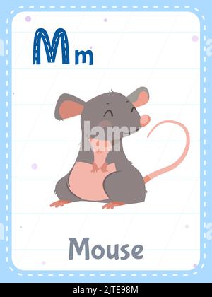 Alphabet bedruckbare Flashcard mit Buchstabe M. Cartoon niedlichen Maus Tier und englisches Wort auf Flash-Karte für Kinder Bildung. Schule Speicherkarten für Kindergarten Kinder flache Vektor-Illustration. Stock Vektor
