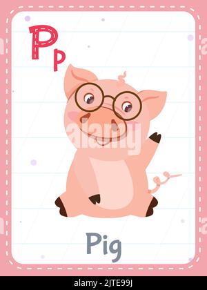Alphabet bedruckbare Flashcard mit dem Buchstaben P. Cartoon niedlichen rosa Schwein Tier und englisch Wort auf Flash-Karte für Kinder Bildung. Schule Speicherkarte für Kindergarten Kinder flache Vektor-Illustration. Stock Vektor