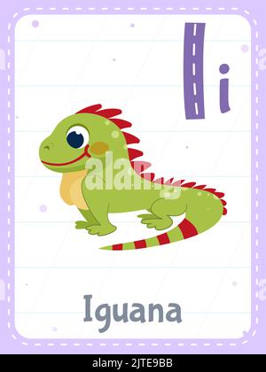Alphabet bedruckbare Flashcard mit dem Buchstaben I. Cartoon niedlichen grünen Leguan Tier und englisch Wort auf Flash-Karte für Kinder Bildung. Schule Speicherkarten für Kindergarten Kinder flache Vektor-Illustration Stock Vektor