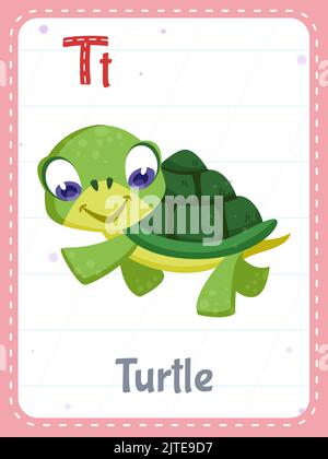 Alphabet bedruckbare Flashcard mit Buchstabe T und Schildkröte Wildtier. Cartoon niedliche Schildkröte und englisch Wort auf Flash-Karte für Kinder Bildung. Schule Speicherkarte für Kinder flache Vektor-Illustration. Stock Vektor
