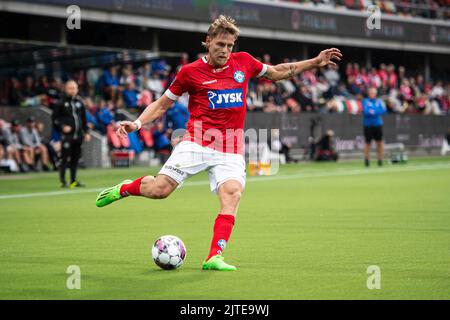 Silkeborg, Dänemark. 28., August 2022. Nicolai Vallys (7) von Silkeborg, WENN er während des Superliga-Spiels 3F zwischen Silkeborg IF und Odense Boldklub im Jysk Park in Silkeborg gesehen wurde. (Foto: Gonzales Photo - Morten Kjaer). Stockfoto