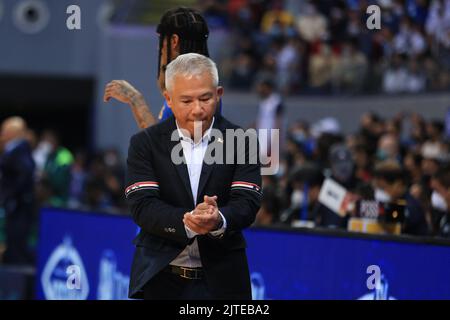 Pasay City, Metro Manila, Philippinen. 29. August 2022. Vincent Chot Reyes, Trainer der Philippinen, feierte den Sieg seines Teams über Saudi-Arabien. (Bild: © Dennis Jerome Acosta/Pacific Press via ZUMA Press Wire) Stockfoto