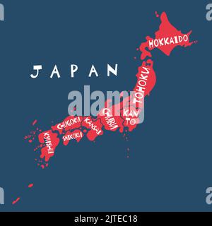 Vektor Hand gezeichnete stilisierte Karte von Japan Regionen. Ost-Kartenelement. Japanische Reisebilder. Atlas des asiatischen Kontinents Stock Vektor