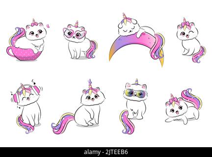 Niedliche Cartoon-Katzen mit Einhorn-Horn und Schwanz Set. Vektorgrafik. Stock Vektor