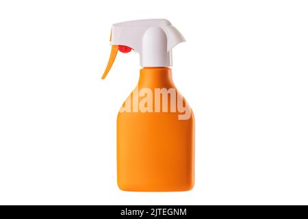 Sonnencreme-Lotion in oranger Flasche isoliert auf weißem Hintergrund. Sonnencreme Milch Körperpflege, Hautpflege. Stockfoto