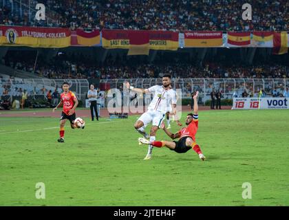 Kalkutta, Indien. 28. August 2022. Verschiedene Momente des Gruppe-B-Spiels des Durand Cup Fußballturniers 131. zwischen Indiens zwei größten Fußballgiganten und Erzrivalen seit Jahrzehnten .Mohunbagan (ATKMB) & Eastbengal (EEBFC) im Salt Lake Stadium (VYBK), Kalkutta, Indien am 28.. August 2022. Mohunbagan gewinnt das Hochspannungsspiel bis 1-0 (Bildquelle: © Amlan Biswas/Pacific Press via ZUMA Press Wire) Stockfoto