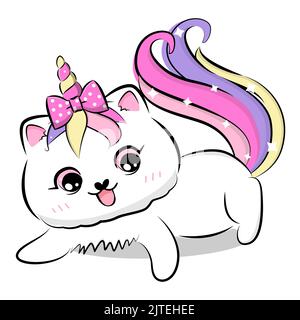 Niedliche Cartoon-Katze mit Einhorn-Horn und Schwanz. Vektorgrafik. Stock Vektor