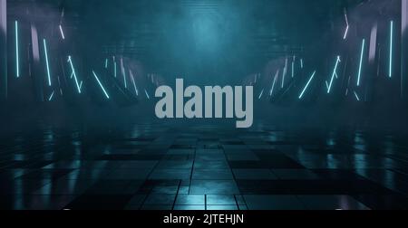 Außergewöhnliche Neon Glow futuristisch geheimnisvolle Volumetrics Hellblau Türkis Brick abstrakter Hintergrund 3D Illustration Stockfoto