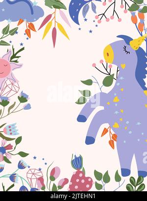 Niedliches Einhorn mit bunten Blumen, Blättern, Sonne, Wolke. Poster mit magischem Pferd kann als Erstellung von Karte, Banner, Geburtstag und andere Feiertage verwendet werden. Vektorgrafik. Stock Vektor