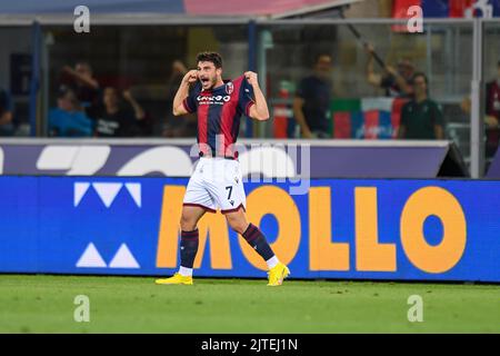 Bologna, Italien. 21. August 2022. Bologna's Riccardo Orsolini Gesten während Bologna FC vs Hellas Verona, italienische Fußballserie A Spiel in Bologna, Italien, August 21 2022 Quelle: Independent Photo Agency/Alamy Live News Stockfoto