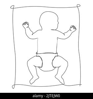 Einlinige Zeichnung von Baby in Windel schlafen auf dem Rücken, Linie Art Vektor Illustration Stock Vektor