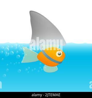 Goldfisch unter dem Deckmantel einer gefälschten Haifischflosse, Symbol für Täuschung, Bluff, Trick, Schein, Verkleidung und Illusion - komische Illustration. Stockfoto