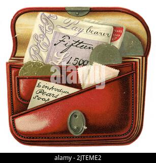 Original viktorianische Werbeartikel gestanzte und geprägte Werbekarte einer roten Geldbörse oder Brieftasche mit Verschluss, die den Inhalt enthält: Goldfürsten und silberne Schillinge, mit dem Kopf von Königin Victoria, einem Scheckstempel mit Birnen-Werbung auf ihnen (verblasst) und einer Notiz „um Sie mit Pear's Soaps vertraut zu machen“. Auch in einem Magazineinsatz gedruckt. Birnen war die weltweit erste durchscheinende Seife auf dem Massenmarkt und ist eine britische Marke. Großbritannien um 1895 Stockfoto