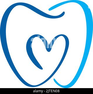 Blaues Zahn- und Herzsymbol. Symbol für Zahnmedizin. Medizinisches Schild. Dentalgesundheit. Zahnschild. Clean White und gesund. Zahnpflege. Vektorsymbol. Medizinische Versorgung Stock Vektor