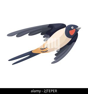 Cartoon fliegende Schwalbe im flachen Stil. Niedlicher, farbenfroher Stadtvogel. Isoliertes Element für die Konstruktion. Bild für pädagogisches Kinderbuch und ornithologische Enzyklopädie. Ein gewöhnlicher europäischer Vogel. Einfaches Symbol Stock Vektor