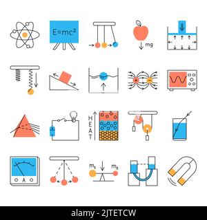 Physik Wissenschaft Symbol in Linie Stil gesetzt. Physikalische Gesetze und Symbole. Vektorgrafik Stock Vektor