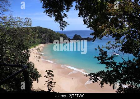 Sancho Beach, bei Fernando de Noronhha, Brasilien, mit blauem und kristallinem Meer und weißem Sand, vom Hügel aus gesehen Stockfoto