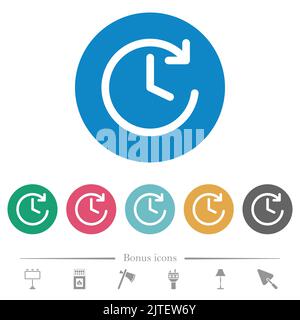 Kreisförmiger Pfeil nach vorne und flache weiße Symbole auf runden farbigen Hintergründen. 6 Bonus-Symbole enthalten. Stock Vektor