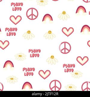 Love Heart, Peace Symbol, rainbow retro 70s nahtloses Muster. Verstreute Herzformen auf wirbelndem Hintergrund. Grooviges Design im Stil der Sieben Stock Vektor