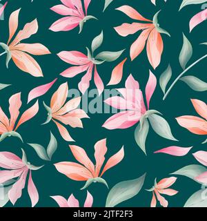 Magnolia blüht und hinterlässt ein nahtloses Muster Stockfoto