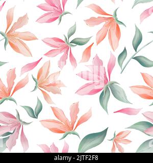 Magnolia blüht und hinterlässt ein nahtloses Muster Stockfoto