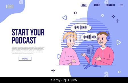Podcast- oder Audio-Content-Webbanner oder Landing-Page-Vorlage. Flache Vektor-Illustration mit zwei Podcast-Hosts, abstrakten geometrischen Formen Stock Vektor