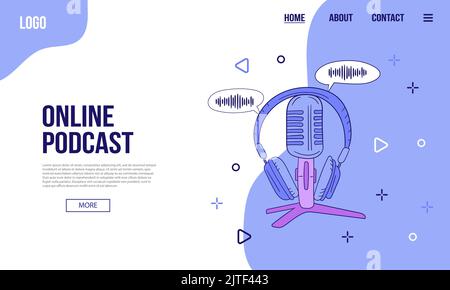 Podcast- oder Audio-Content-Webbanner oder Landing-Page-Vorlage. Flache Vektordarstellung des Mikrofons mit geometrischen Formen, Symbole auf blauem Hintergrund Stock Vektor