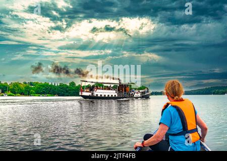 Hjejlen altes Dampfschiff im dänischen Seengebiet, Dänemark Stockfoto