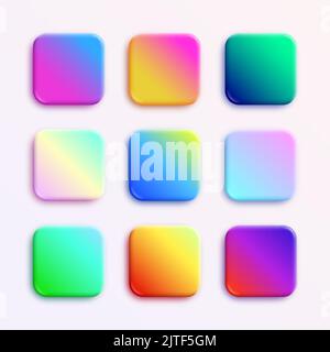 App-Symbole Vektor Hintergründe Sammlung. 3D glänzende Knöpfe mit holografischen Neonverläufen und weichen Schatten abgerundete Rechtecksformen für Web und Stock Vektor