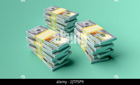 Große Geldstapel aus Dollar. Konzept der US-Dollar-Finanzierung. 3D Rendern Stockfoto